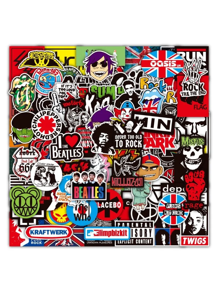 100 Rock-and-Roll-Musikband-Aufkleber, Punk-Graffiti-Sticker für Laptop, Gitarre, Helm, Gepäck, goldene Erinnerungsaufkleber