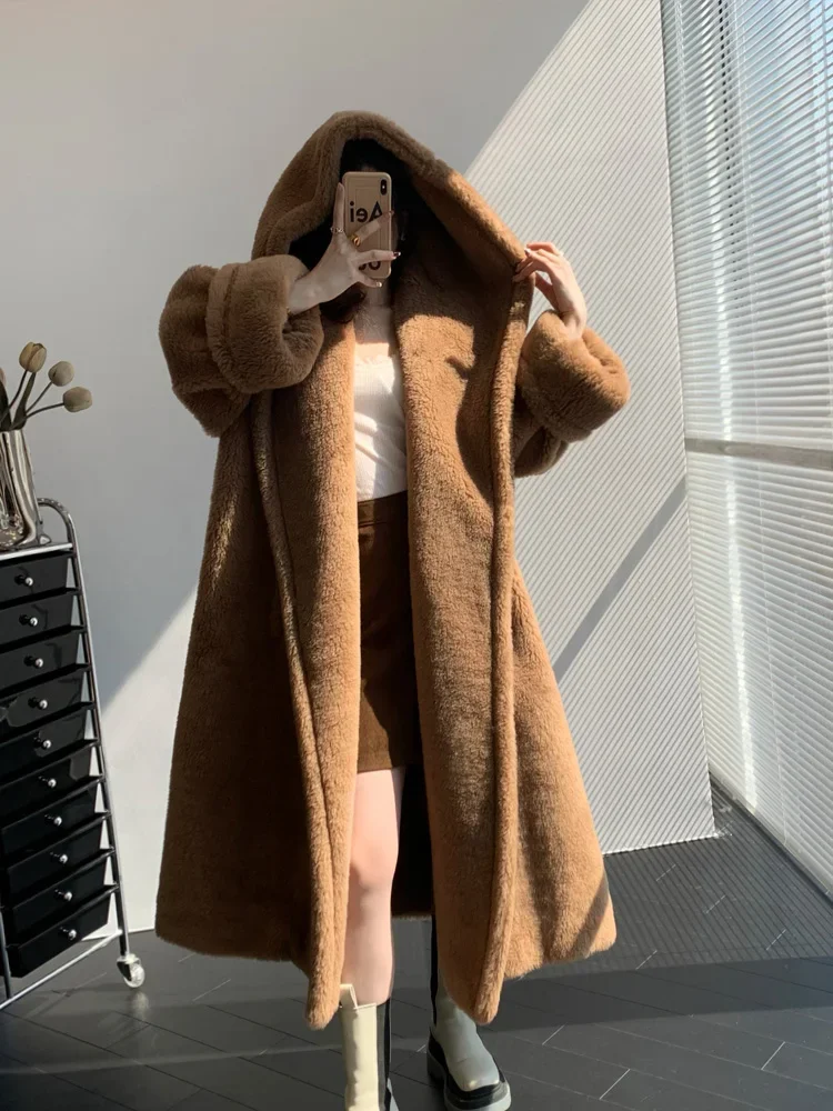 Hooded Teddy Bear Coat Apogeo Camel Silhouette Fur Coat