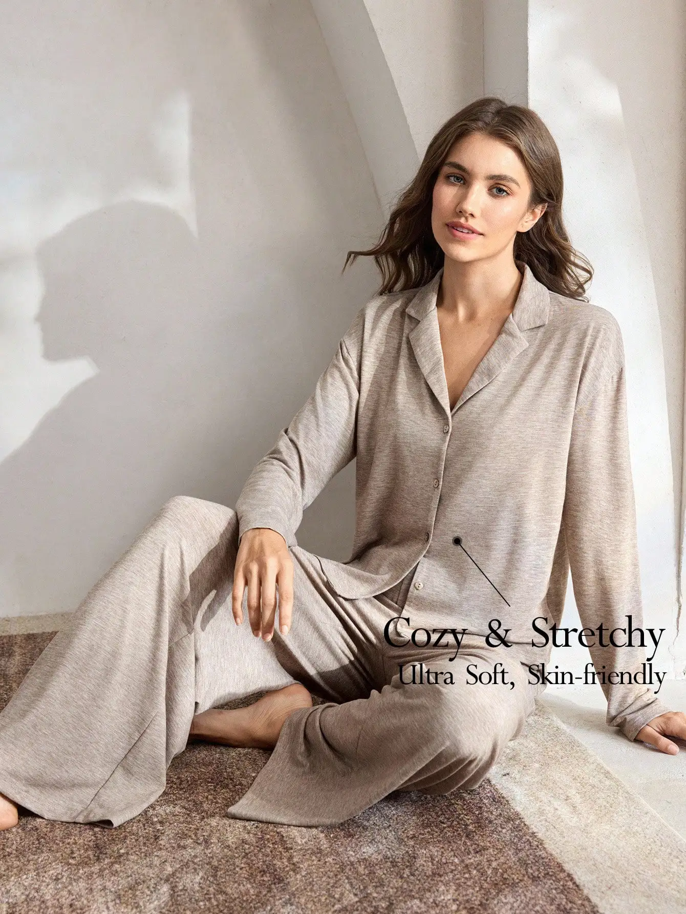 

Women's Cozy Stretchy Pajama Set Long Sleeve Button Down Top & Wide Leg Pants Soft Skin-Friendly Fabric
