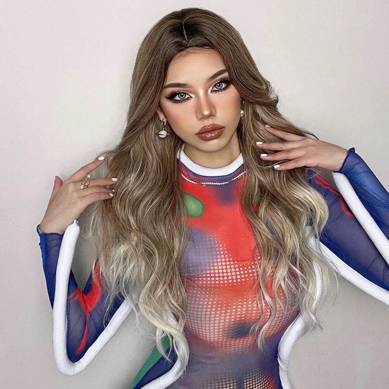 Perruque synthétique longue ondulée bouclée pour femmes, ombrée, marron, blond clair, fête quotidienne, Cosplay