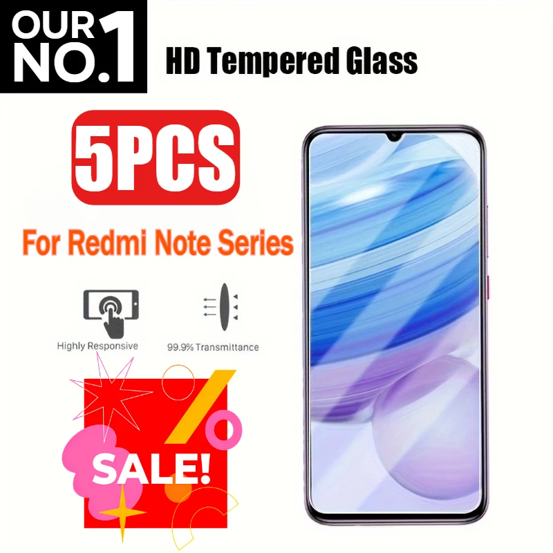 

5Pcs HD Screen Glass Protectors for Redmi Note 14 Pro+ 13 Pro 12S 11T 11Pro High Hardness Tempered Glass Note 10S 8 Note 9T Film