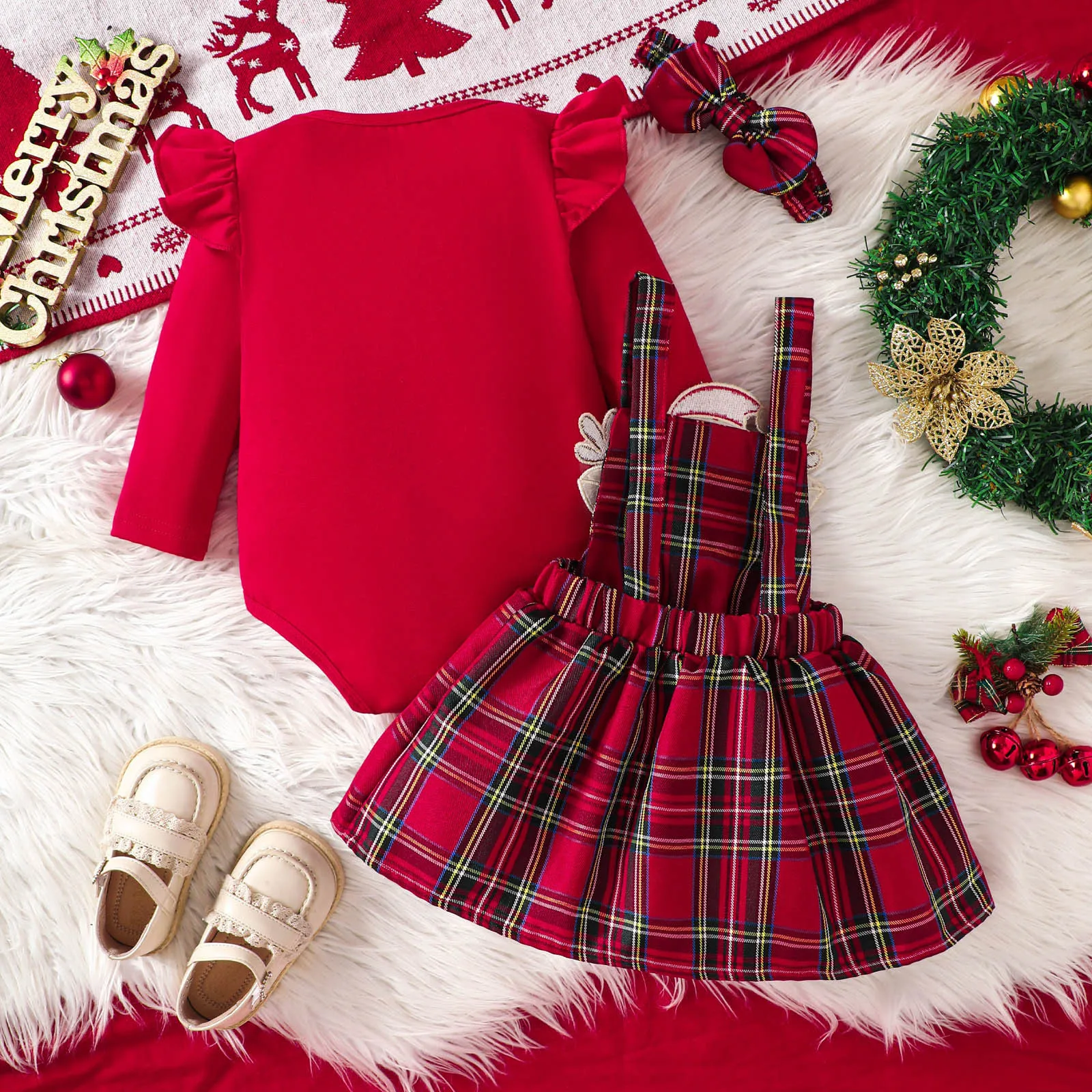 Christmas Newborn Infant Baby Girl Clothes Ma&Baby 0-18M Sets Knit Red Romper Deer Plaid Skirts Headban Xmas Outfits Costume