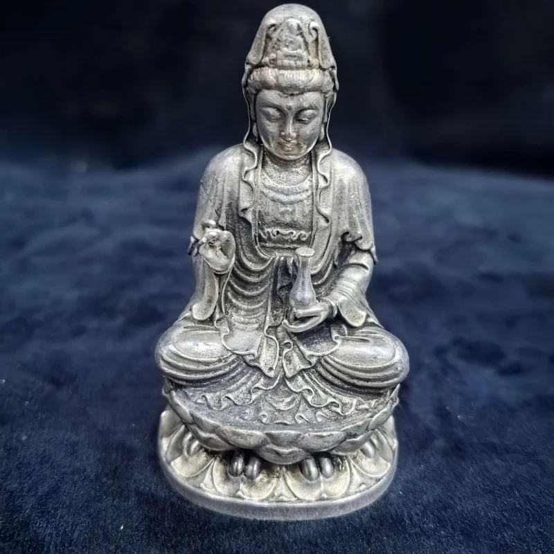 

Antique-Style Tibetan Small Buddha White Copper Silver-Plated Miniature Guanyin Buddha Statue Craft Ornament