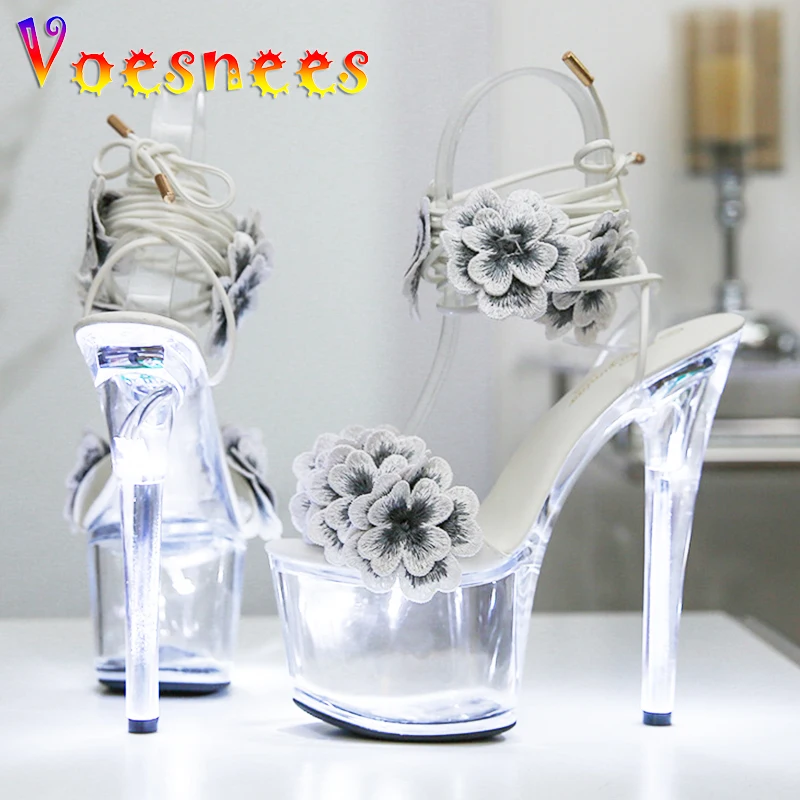 Woman Transparent Platform High Heels Light Up Glowing Luminous Sandals Handmade Flowers Ankle Strap 17CM Summer Shoes For Women