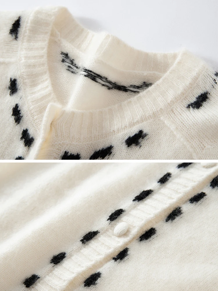 TLOML 여성용 100% 캐시미어 도트 라인 자카드 카디건 오넥 긴 소매 캐시미어 스웨터 가을 겨울 캐주얼 스타일 탑