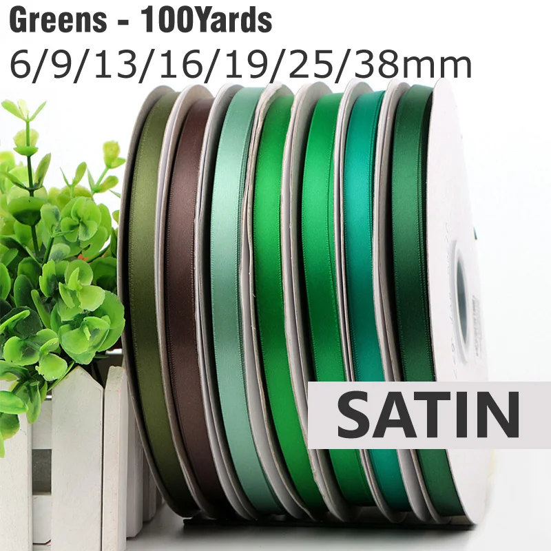 100Yards 6/9/13/16/19/25/38mm GREEN Double Sided Satin Ribbon Solid Color Silky Ribbons 100% Polyester Dense Fabric Tapes