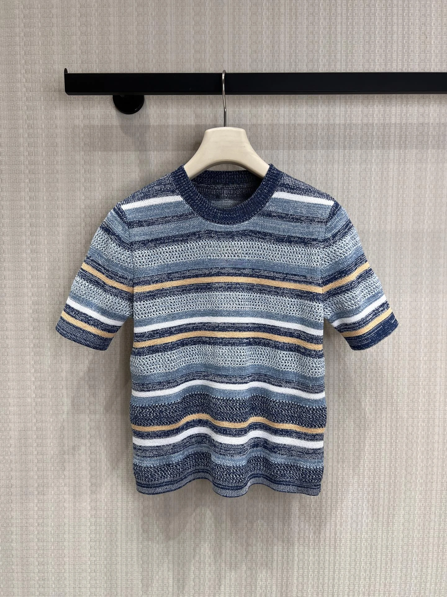 

Sweet Stripe Knit Shirt Short Sleeve round Neck Deep Light Blue Commute Style Women's Fashionable Versatile Anti-Aging Daily ...