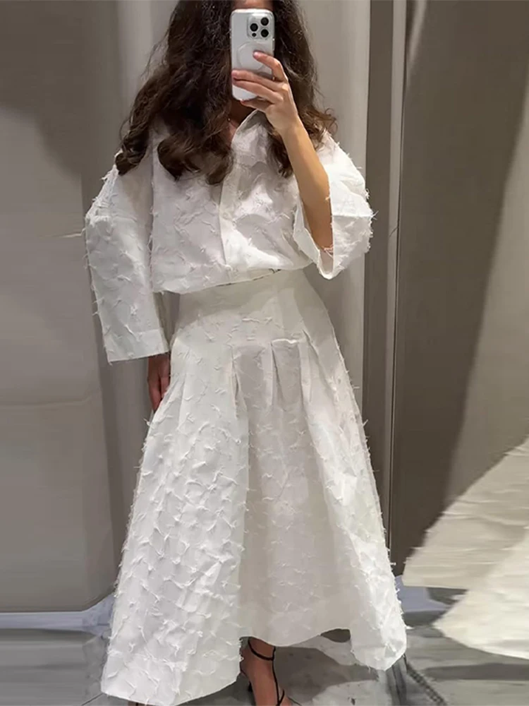 

Elegant Shirt Skirt Set Women Lapel Full Sleeve Fringe Texture Top High Waist Pleated Long Skirts Suits 2025 Summer Lady Sets