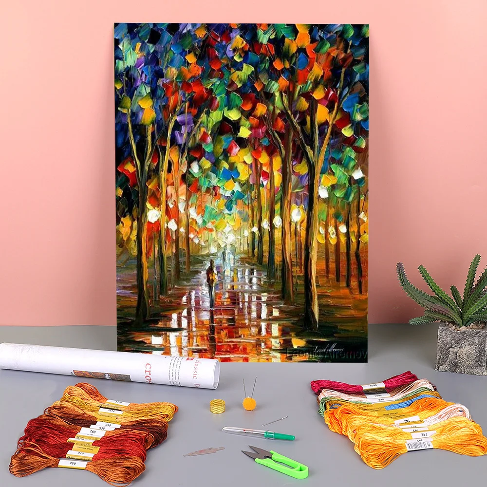 Afremov Rain Park oryginalna sztuka wstępnie wydrukowana 11CT haft krzyżykowy DIY haft pełny zestaw nici DMC rękodzieło tłoczone