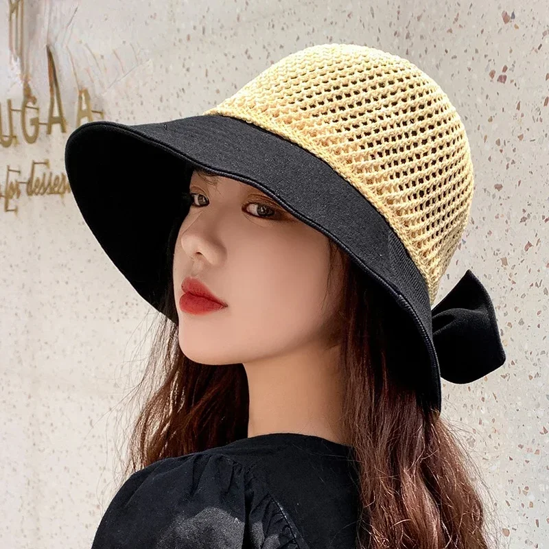 Sun Hats for Women Summer Beach Sunshine Panama Female Travel Woven Straw Hat Lady Fashion Bucket Hat Bow Tie Anti-Sun Outdoor image 3