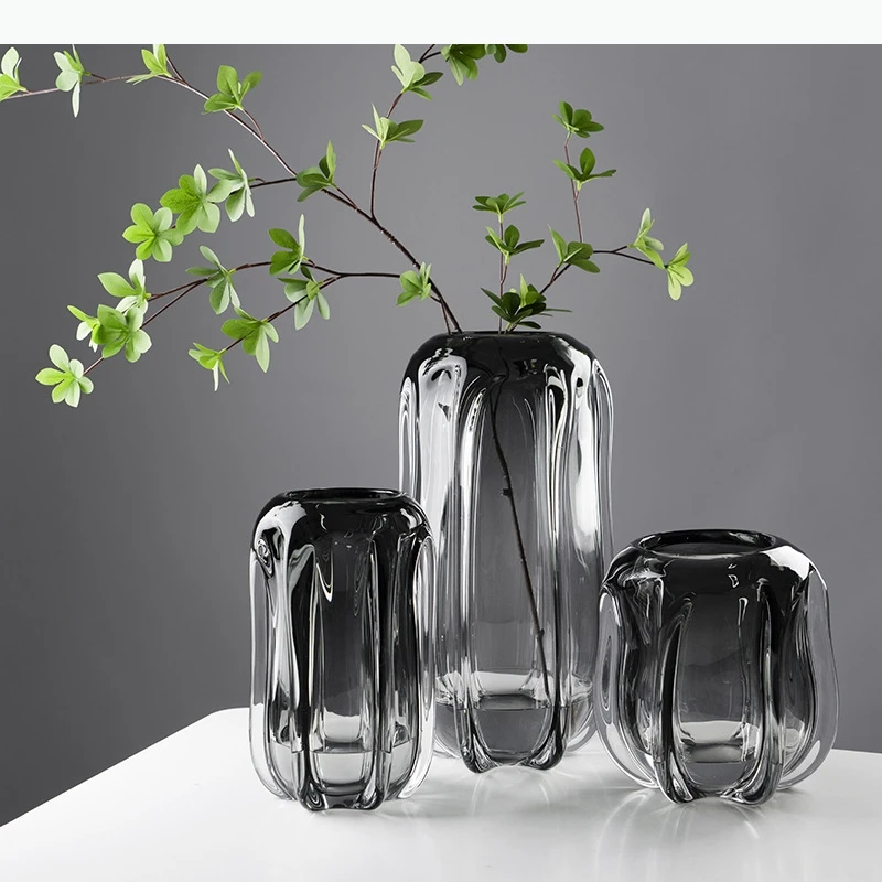 Gray Glass Vase Thick Glass Transparent Hydroponics Terrarium Flower Arrangement Accessories Flower Vases Home Decoration