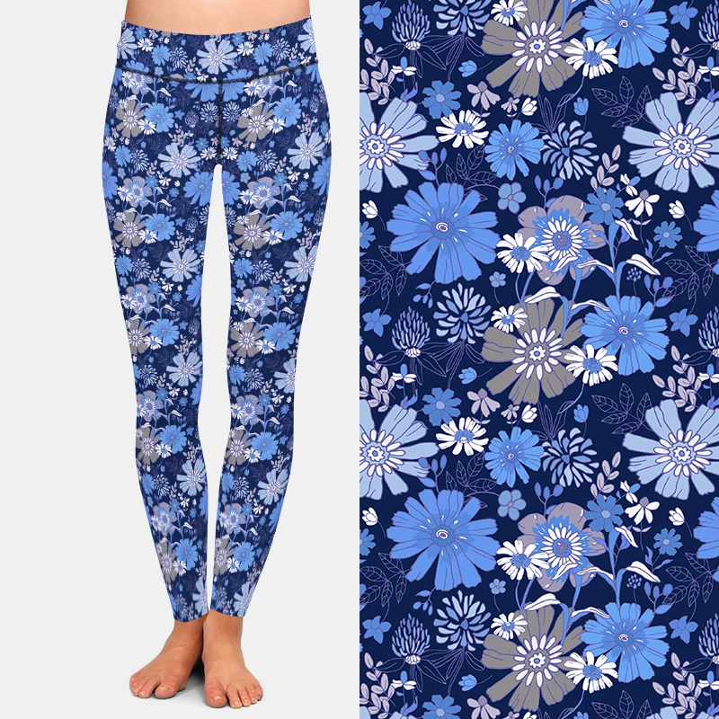 LETSFIND High Waist Women Pants 3D Blue and White Hand Drawn Flowers and Leafs Pattern Print Fitness Slim Stretch Leggings