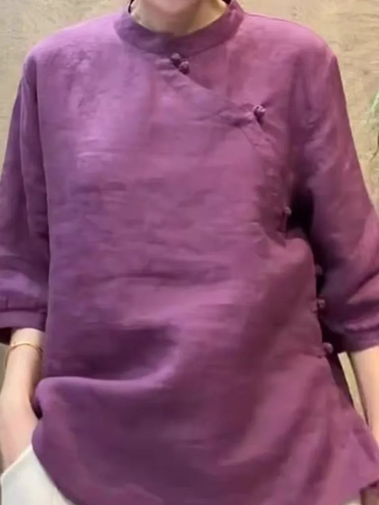 中国製綿麻紫ボタンシャツ女性初秋年齢軽減トップス麻五分袖スタンドカラーカジュアル