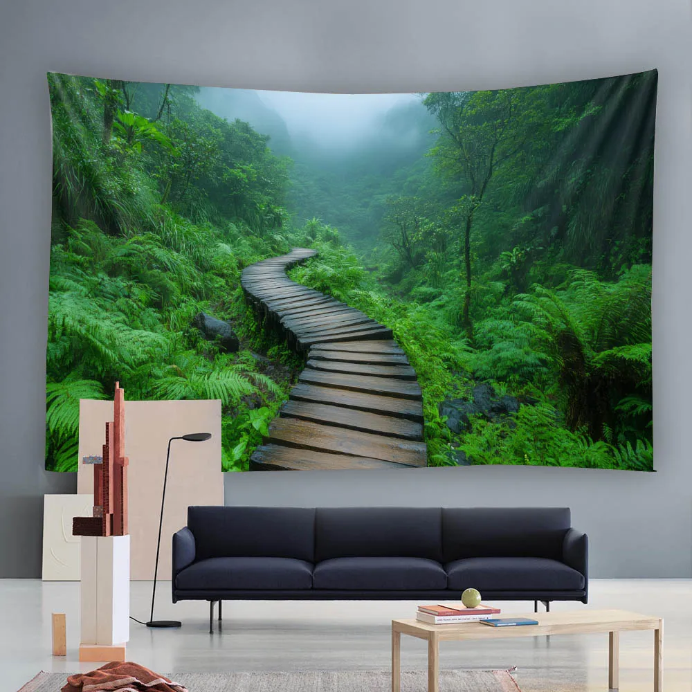 Silent and Beautiful Landscape Tapestry - Boardwalk in Green Forest, Wall Hanging Cloth for Living Room and Homestay Decoration