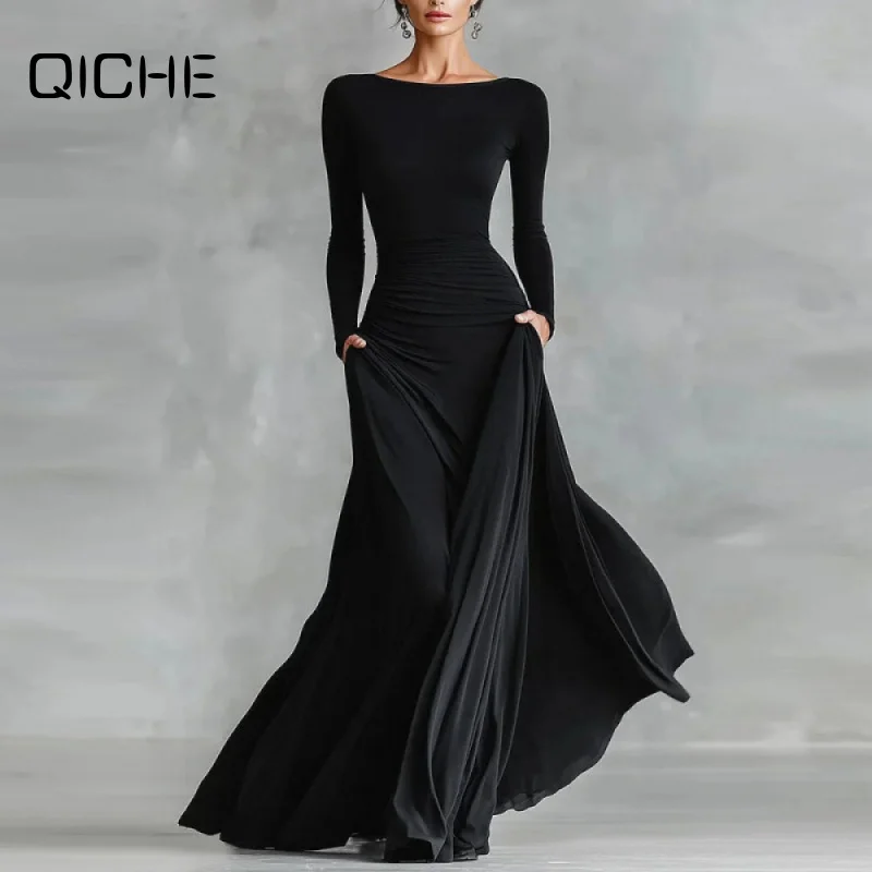 QICHE 2026 Fall Winter New Women Elegant Solid Color Wrap Dress, Delicate Boat Neck Waist Cinch Slim Fit Dress