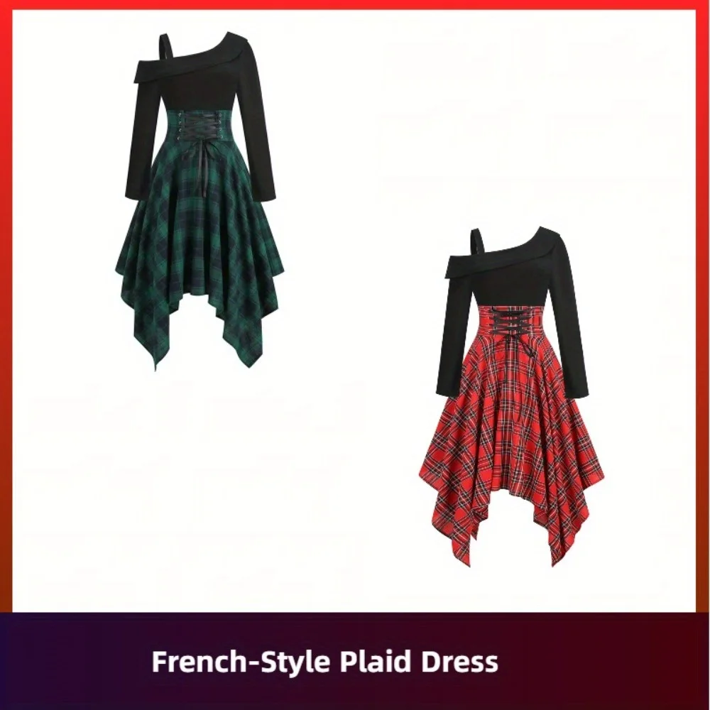 

Новое осеннее клетчатое платье во французском стиле в европейском и американском стиле — женское облегающее платье с длинными рукавами и асимметричным подолом