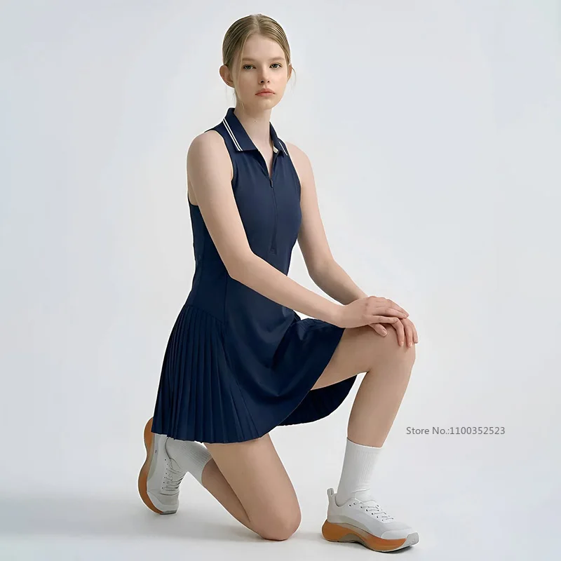 2026 Women Tennis Dress Polo Half Zipper Pleated Dresses Built in Bra Separate Shorts Ladies Sleeveless Golf Skirts S-XL