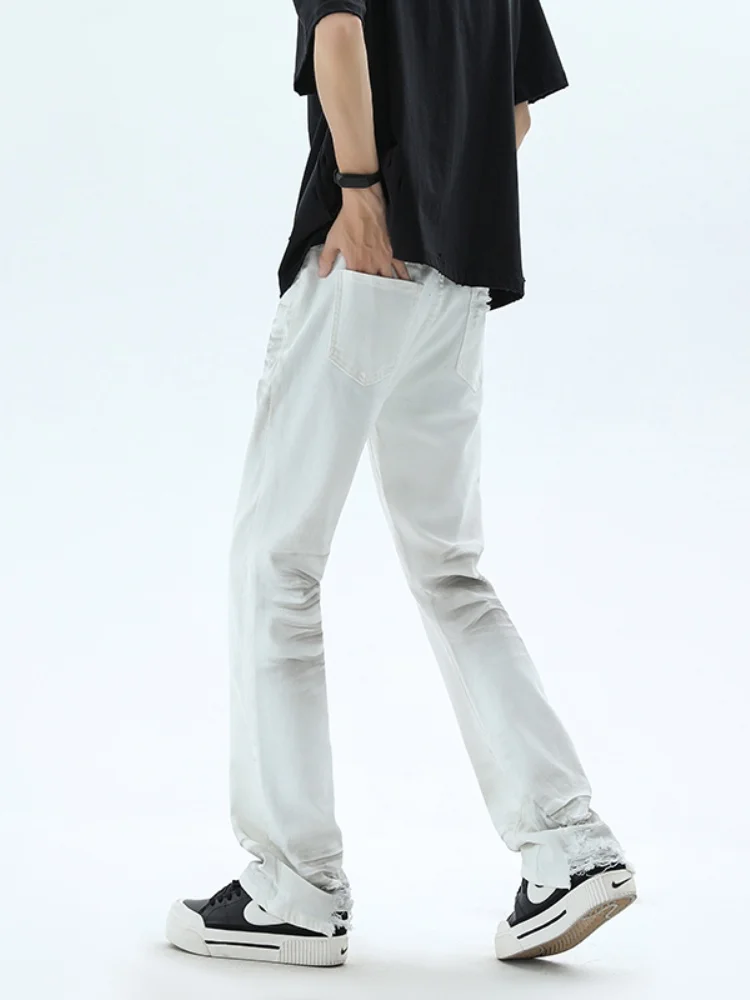 

Белые мужские джинсы Slim Fit с эффектом потертости и дырками, летние, тонкие, прямые, износостойкие, слегка расклешенные, длинные