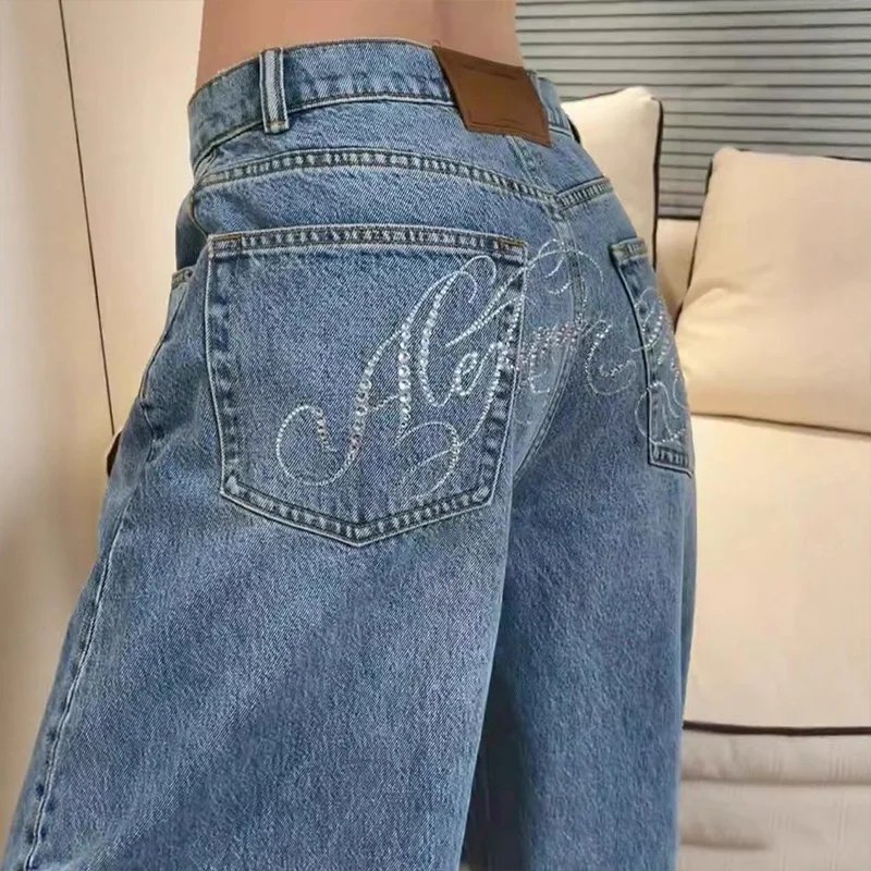 Spliced Straight Vintage Y2k Letter Rhinestone Blue Jeans For Women Design Distressed Basics Chic Distressed Oversized Fashion