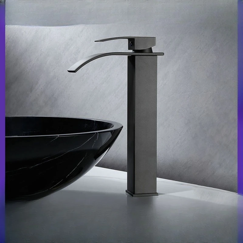 

Black countertop basin bathroom waterfall basin faucet stainless steel single hole hot and cold raised washbasin faucet