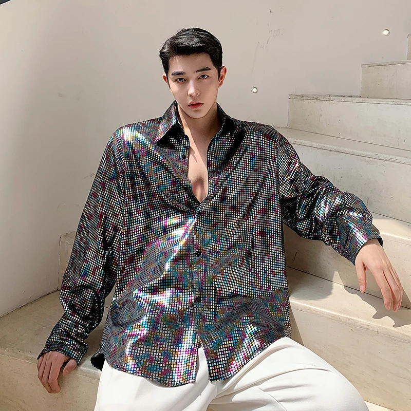 

Buling Men's iny Sequin Stage Performance irt Nightclub Singer Trendy Street Sle Loose Fit Long Sve Youth Faion