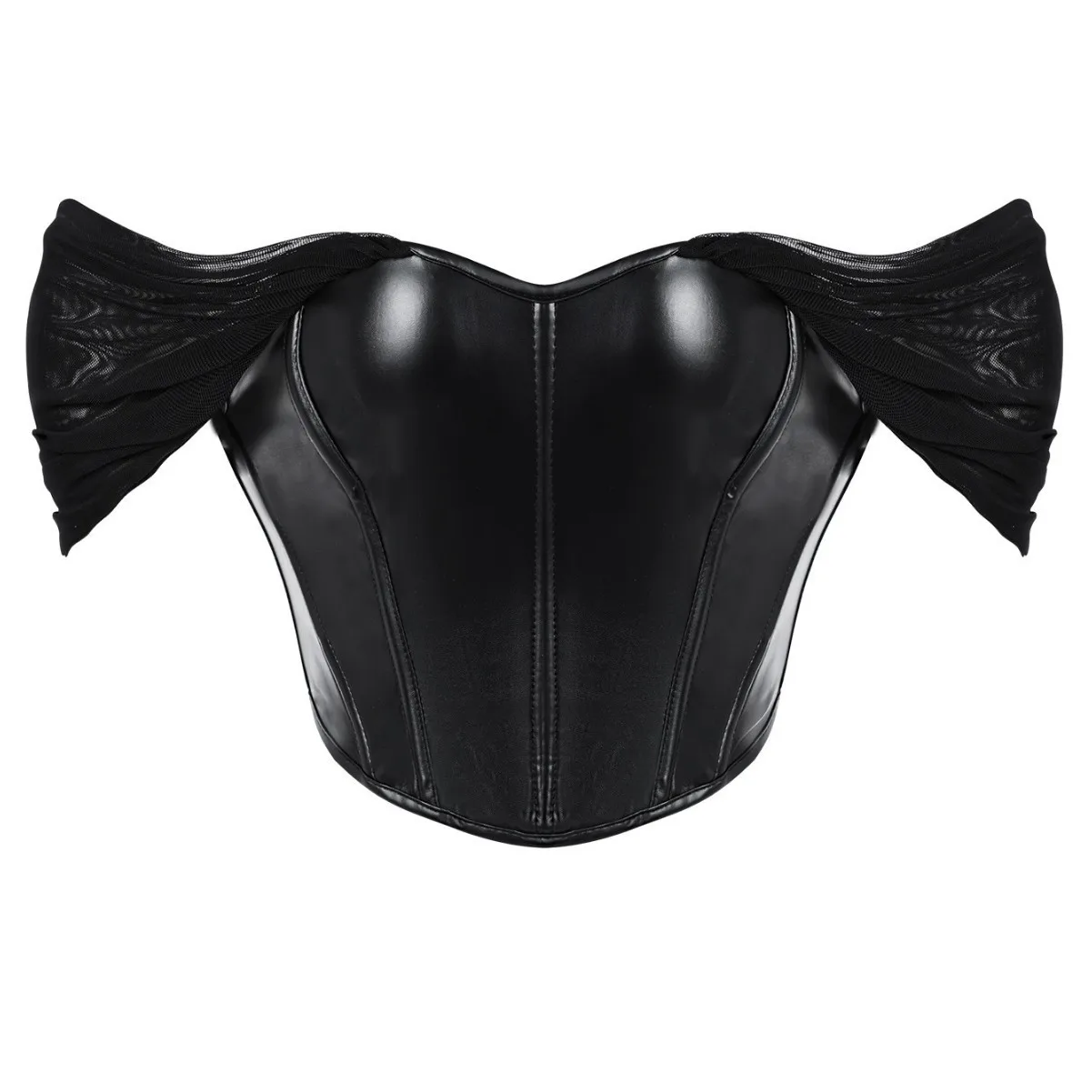 Un top sexy monospalla realizzato in tessuto a rete con un corsetto in pelle indossato all'interno e all'esterno