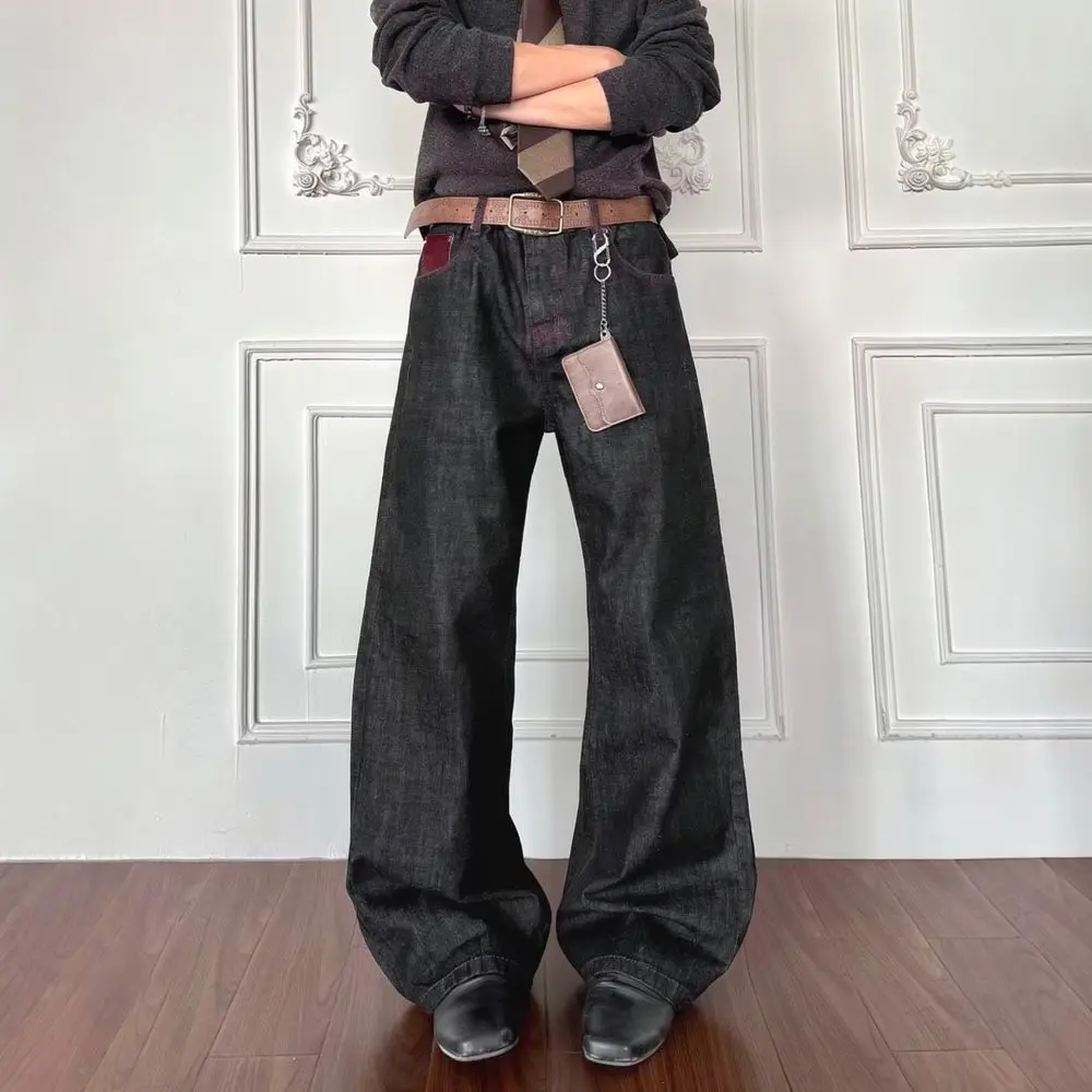 Vintage Washed Wide Leg Denim Trousers Mens American Retro Style Loose Straight Fit Jeans Casual Streetwear Fashion Bottoms