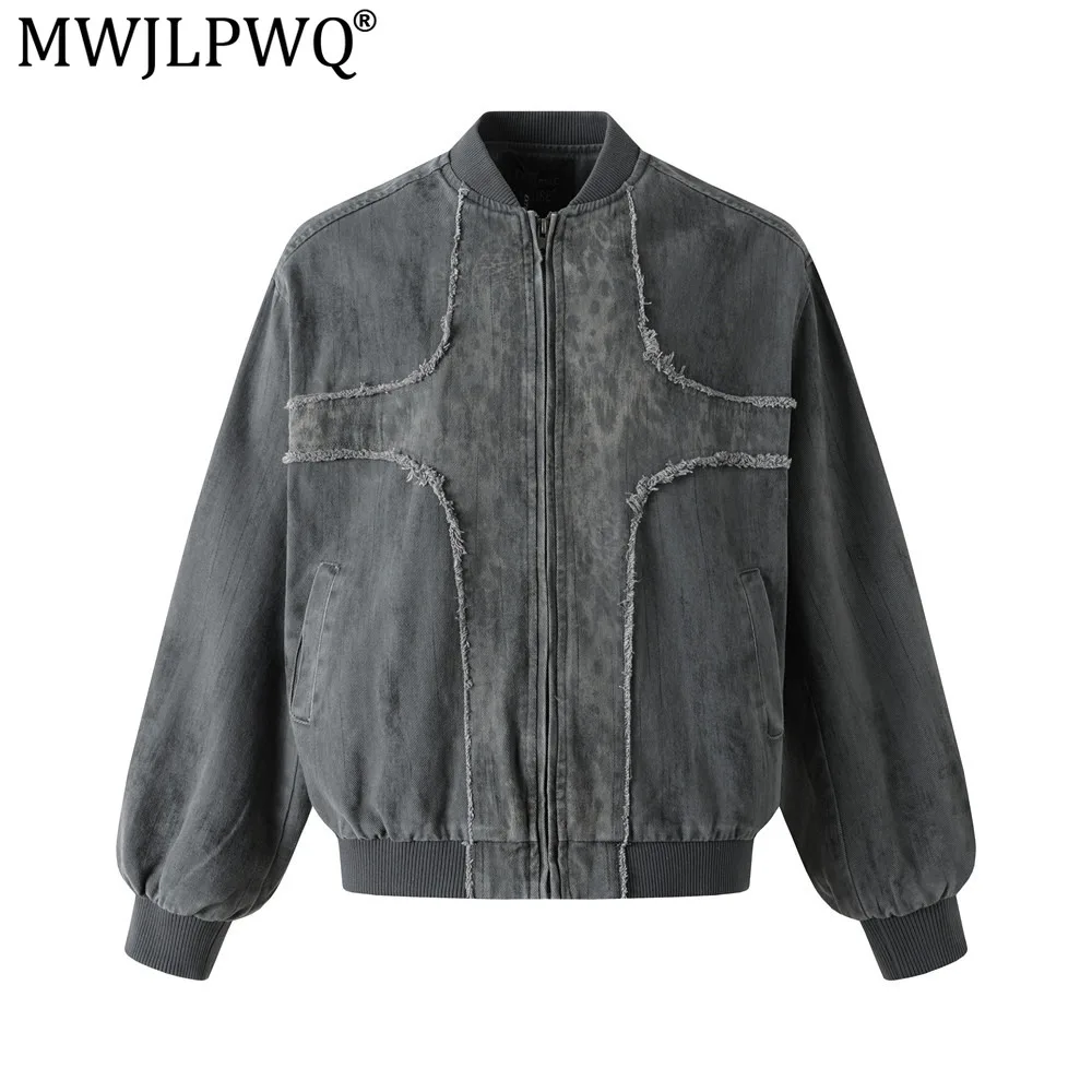 MWJLPWQ Washed Vintage Baseball Collar Work Jacket Men Spring Autumn Punk Deconstructed Patchwork Frayed Edge Loose Tops 21020