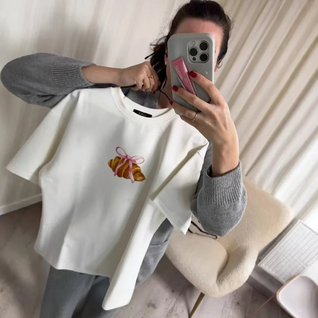 Casual Loose Cotton T-irt Top Creative Print Versatile Summer Faion Commute Sle ort Sve round Ne Regular Fit