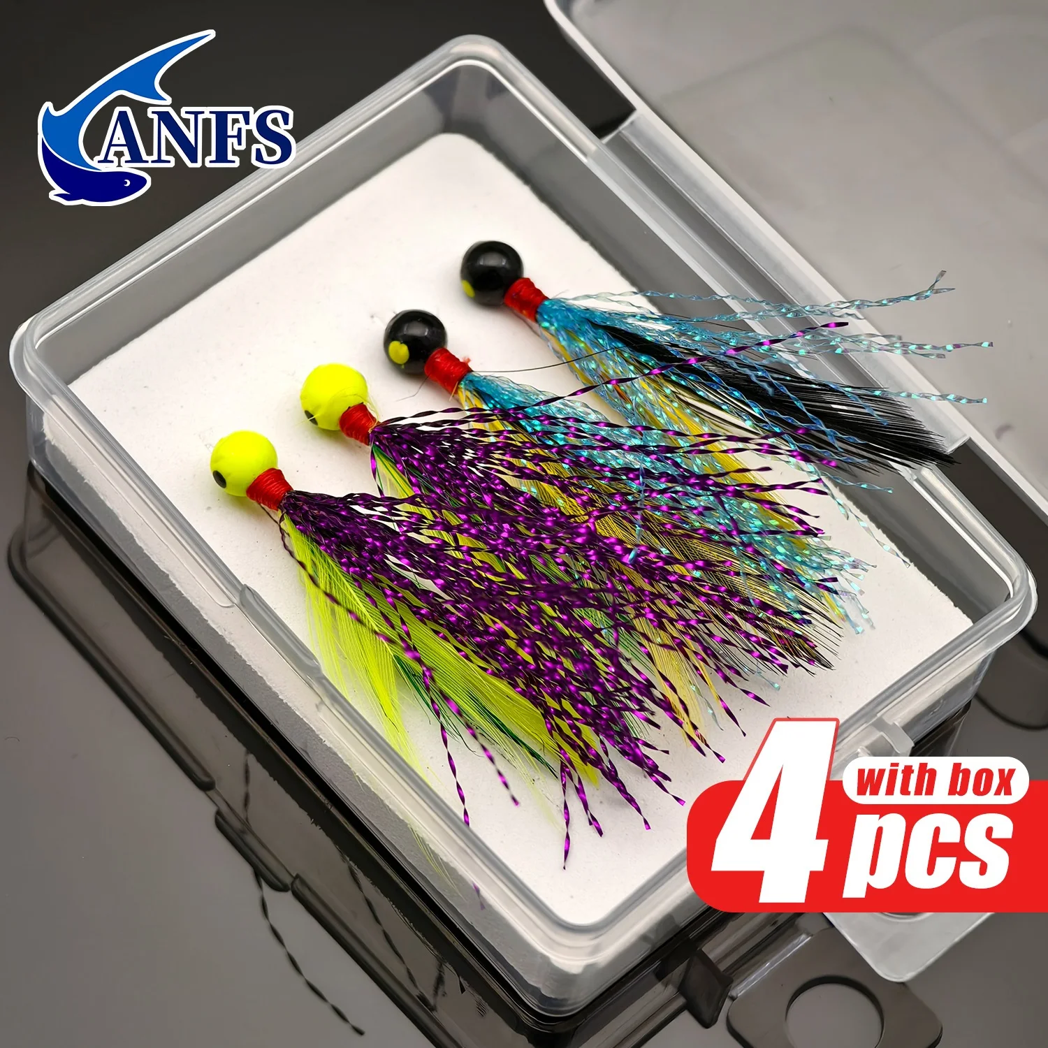 Anfs 4 pçs iscas de pesca com mosca com caixa cabeças de gabarito bola cabeça ganchos de pesca gabarito iscas 3d olhos pesca jigging isca