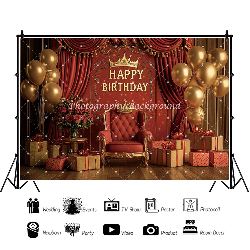 Happy Birthday Red Balloons Gift Photography Background Luxury Sofa Cake Decoration Women Birthday Party Portrait Photo Backdrop