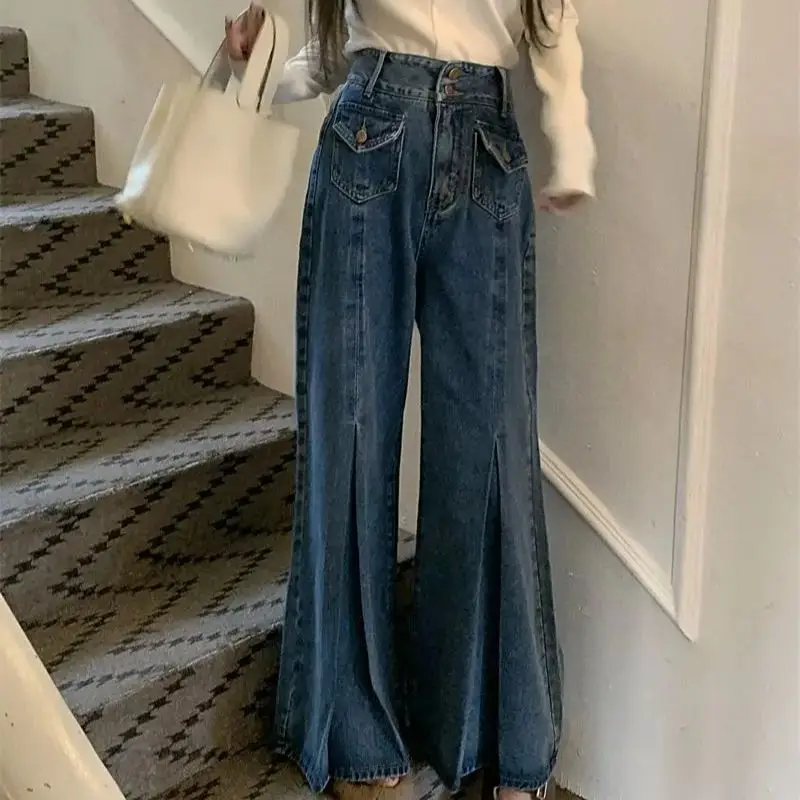 

Jeans Wide Leg High Waist Dark Blue Women Baggy Denim Vintage Trousers Streetwear Retro All-Match Casual Floor Mopping Pants