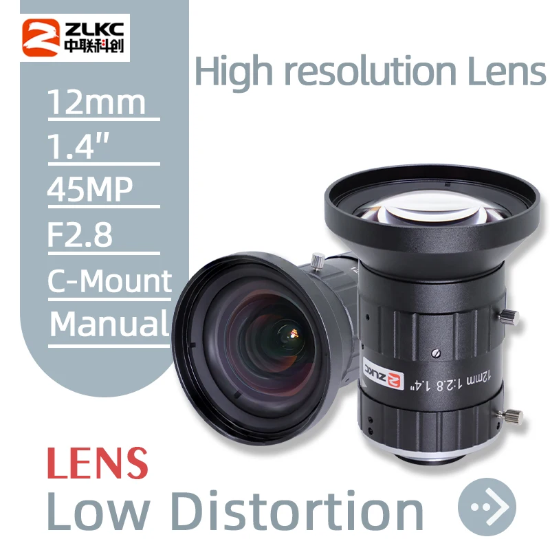 ZLKC 1.4 Inch Lens 12mm FA 45MP High Resolution Large Sensor Size F2.8 Manual Iris C Mount Lens 45 Megapixel Camera Lenses