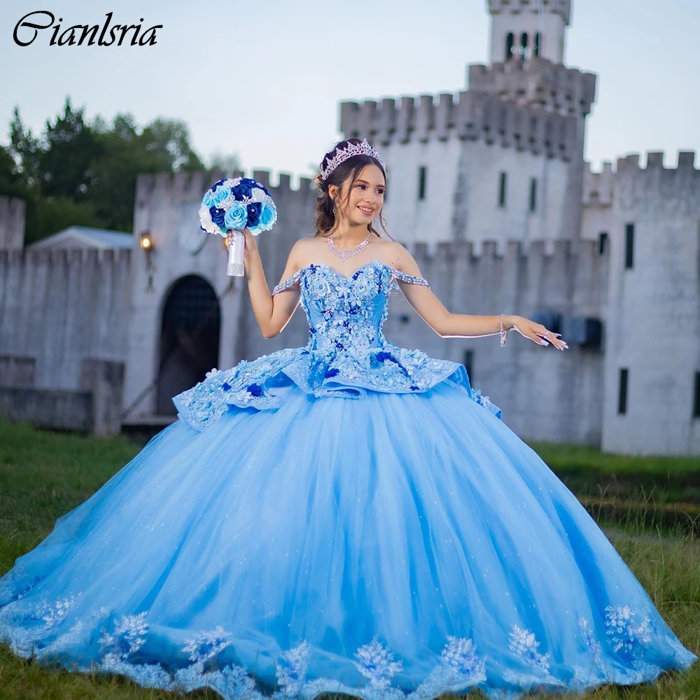 Vestido De baile De quinceañera con perlas y hombros descubiertos, traje azul claro con apliques De flores en 3D, corsé con volantes, 15 Años