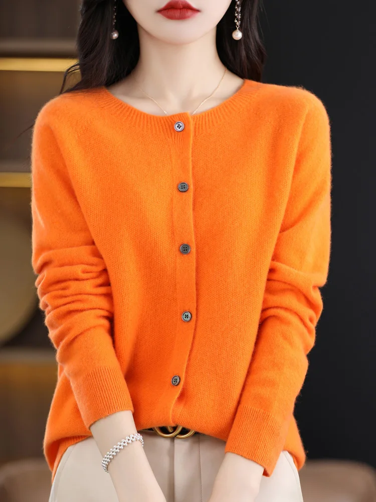 

Women O-Neck Cashmere Cardigan 100% Merino Wool Sweater Buttoned Long Sleeve Knitwear For Spring Autumn Solid Basic Top Clothing