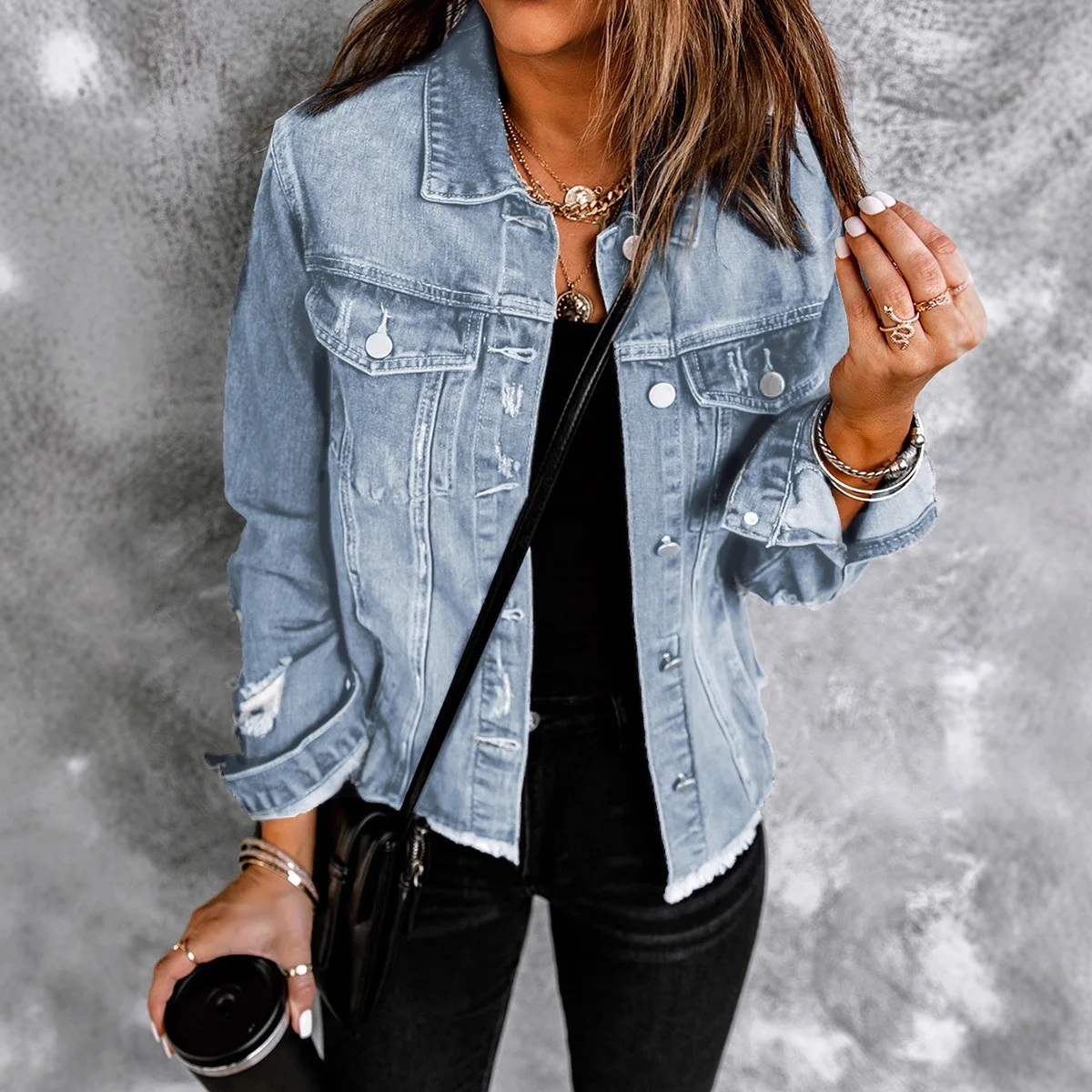 

2025 Autumn Winter Solid Color Single Row Multi Button Washed Denim Jacket Women Multiple Colors Available Open Front Cardigan