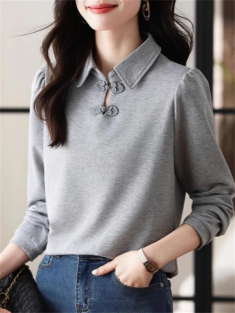 

Chinese Collar Long Sve Sweatirt Women's Faion Casual Ne Slimming Top Spring Autumn New Sle Straight Cut Poly...