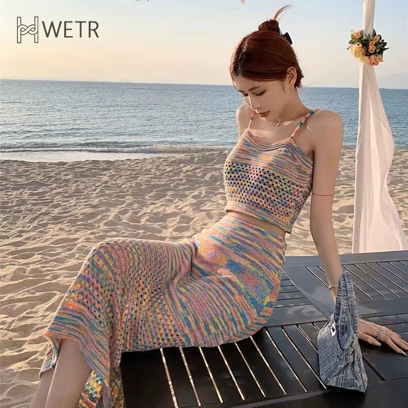 

Set Rainbow Striped Knitted Girls Summer Tie-dyed Two Pieces Hollow Out Pencil Skirt Tops Suit