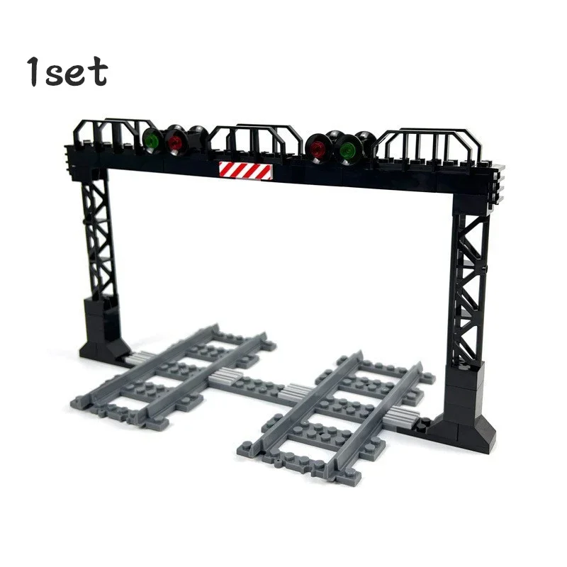 City Train Track Traffic Light Lamp Street View Signs Indicator Brick Road Sign Cross Signpost Barrier Model Building Block Toys