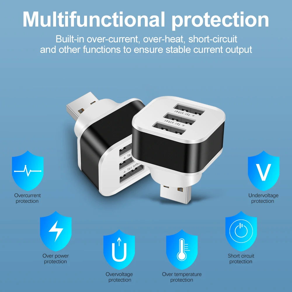 Hub Multi Splitter com Indicador para Laptop e PC, Hub USB 2.0, Carregador Rápido, 3 Portas, Adaptador Extensor