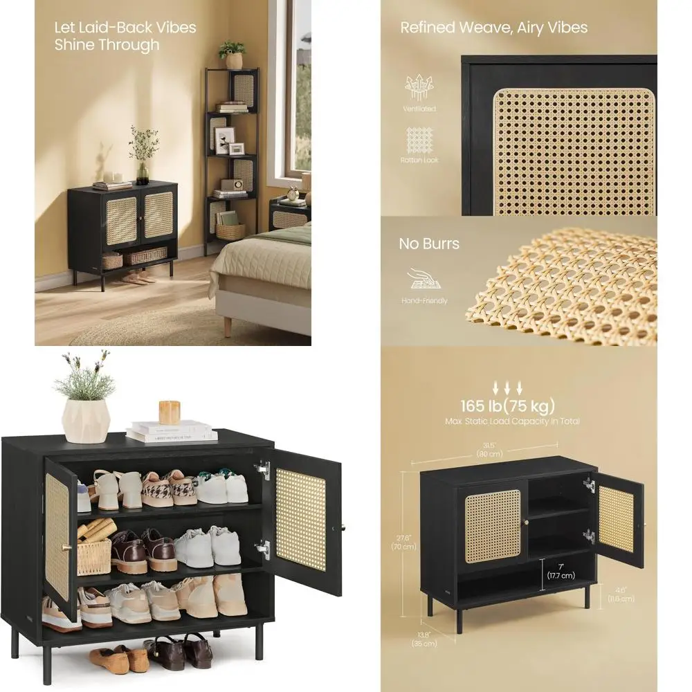 

3-Tier Rattan Shoe Cabinet, 16 Pair Storage, Adjustable Shelves, Steel Legs, Boho Style Organizer for Entryway, Closet, Hallway,