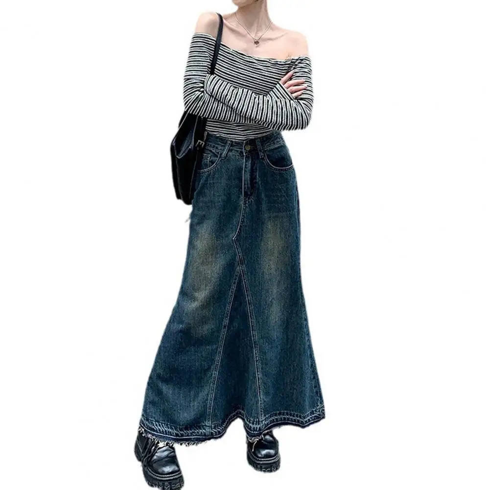 Women High-waisted Denim Skirt Retro Denim Maxi Skirt with A-line Big Swing High Waist Ripped Edge Women's Ankle Length