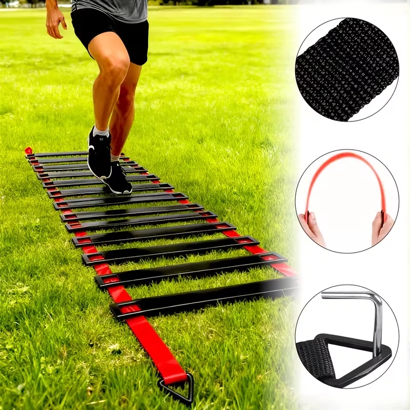 Escalera de Agilidad de 6 Metros y 12 Peldaños, Peldaños Negros, Cuerda Roja con Cuerda de Saltar de Velocidad para Entrenamiento de Agilidad, Fútbol y Rugby