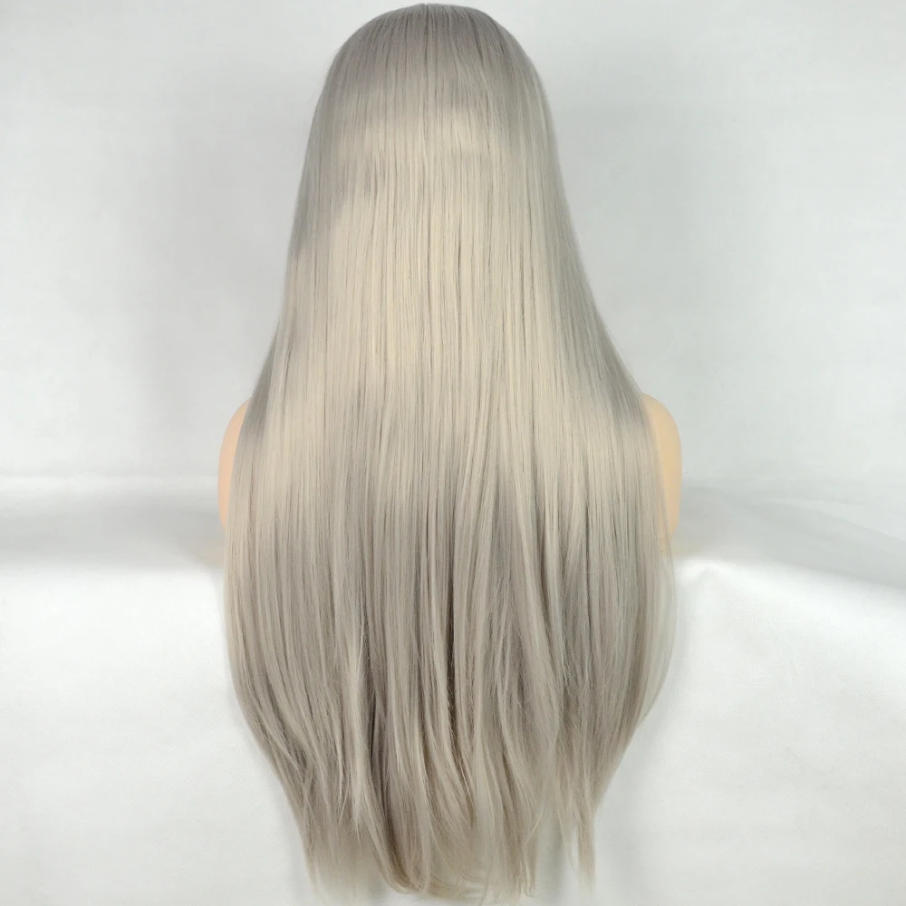 Voguequeen Silver Blonde Silky Straight Synthetic Lace Front Long Wig Heat Resistant Fiber For Women