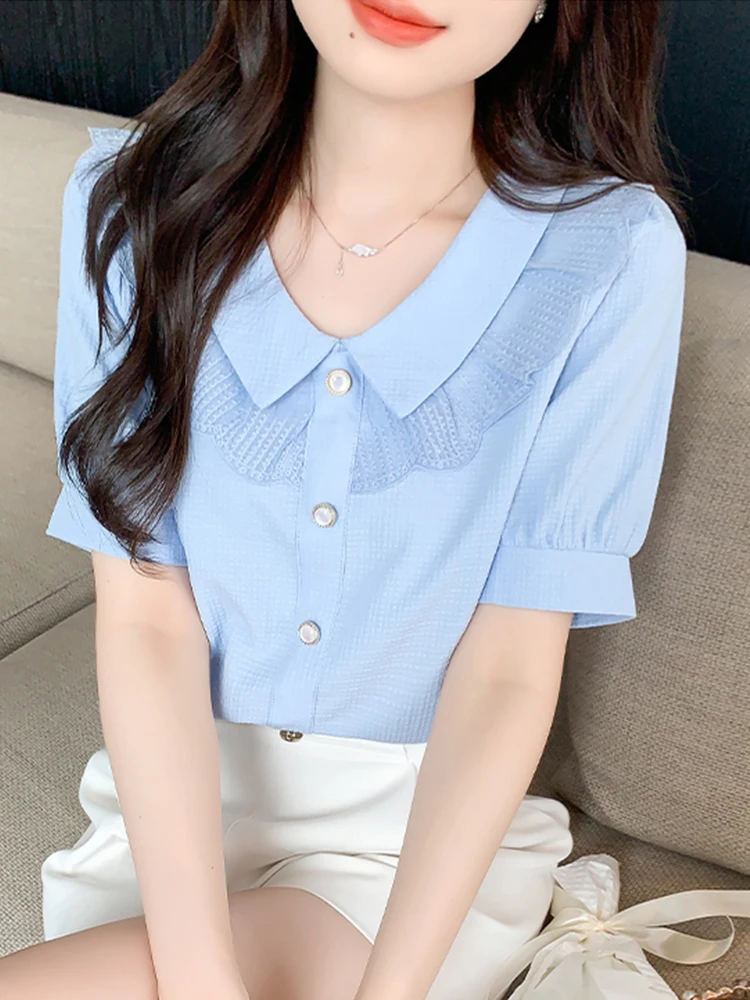 

Summer New Women's Loose ort Sve irt Wooden Flounce Korean Sle Casual Wear-All-Seasons Faionable Blouse