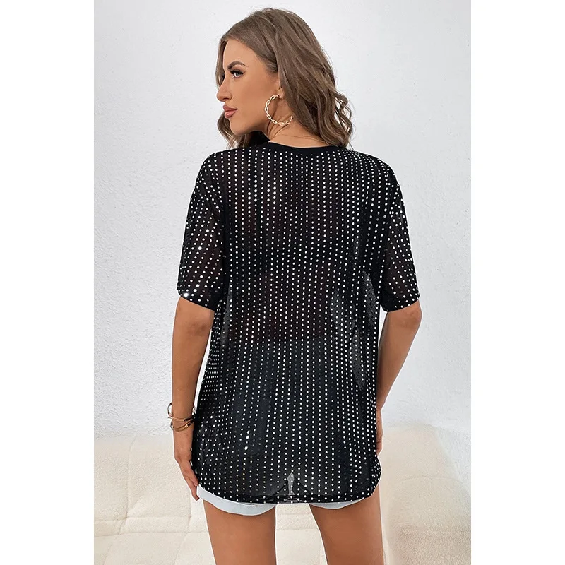 T-shirt transparent à manches courtes pour femmes, pull en maille diamantée, haut chaud, nouveau style d'été, niche, 2024