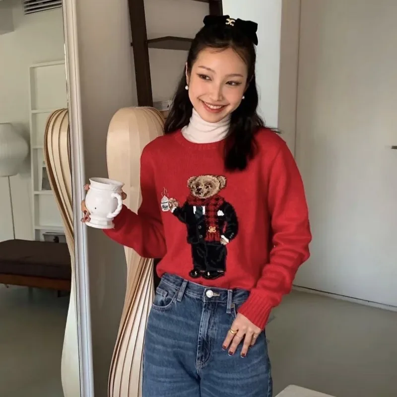 

Корейский модный жаккардовый свитер с мультяшным медведем, женский, весна-осень, с вышивкой, с длинными рукавами, круглым вырезом, свободный пуловер, топ
