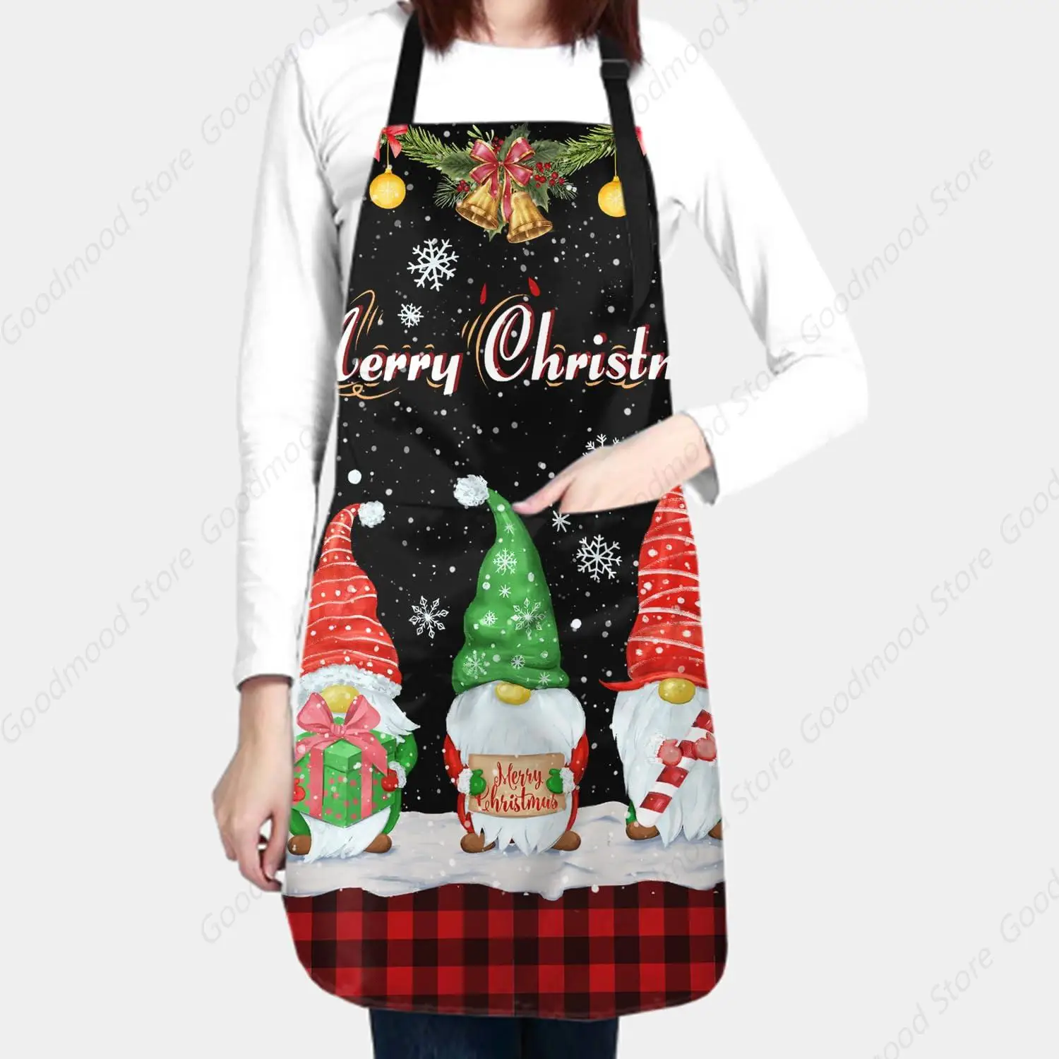 Merry Christmas Apron with Pockets Winter Holiday Bib Apron Waterproof Adjustable Cooking Aprons for Women Men image 3