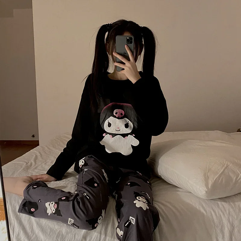 Kawai Sanrio Kuromi Cartoon Two Piece Pajamas New South Korea Autumn Soft Hnome Wear Outgoig Girls Christmas Gift Clothing