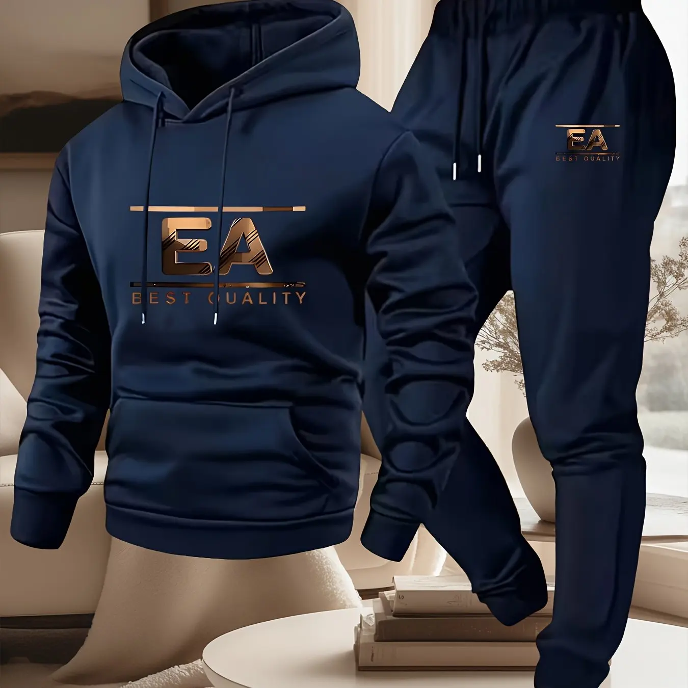 mens outfits  print hooded sweatshirt and sweatpants soft and comfortable thin velvet warm sweatpants set autumn and winter view 4